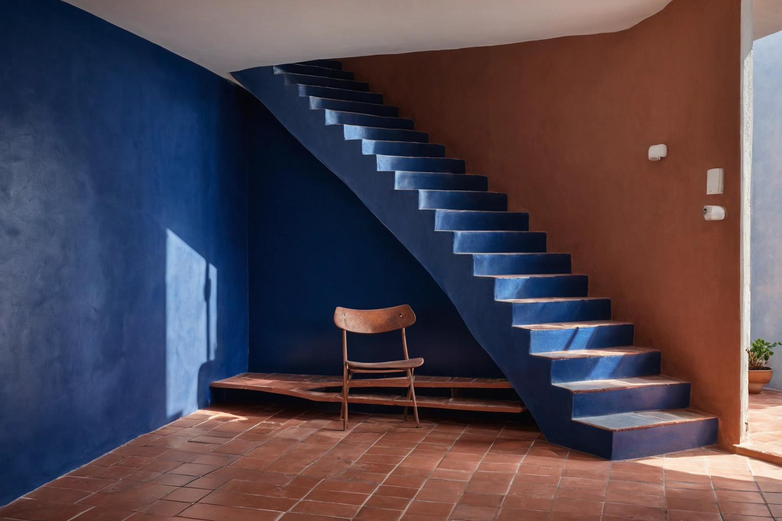 Cobalt blue accent wall in a minimal hot-climate interior