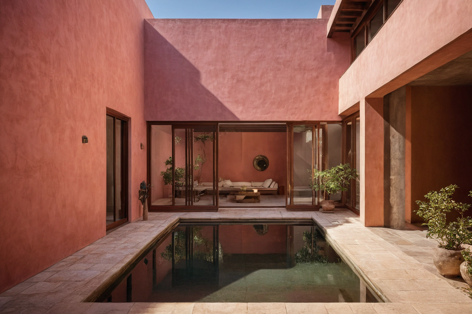 Courtyard with colored walls bouncing warm light
