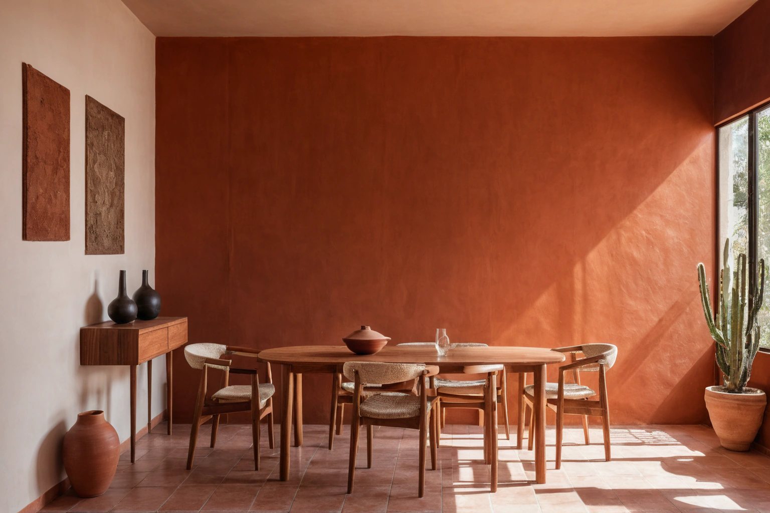 Saturated terracotta wall anchoring a sunlit room