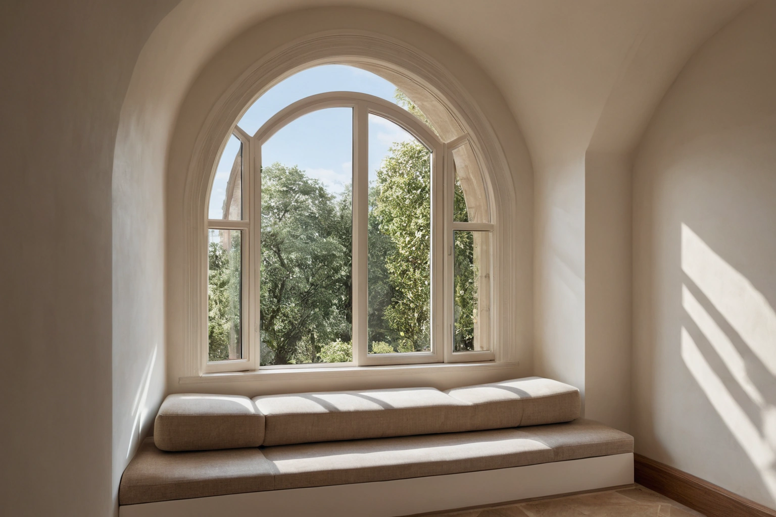 Deep window reveal with built-in seat in a thick wall